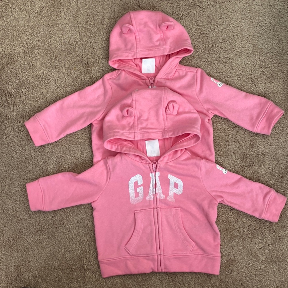 Two Gap Pink Hoodies, with ears. Great for Twins